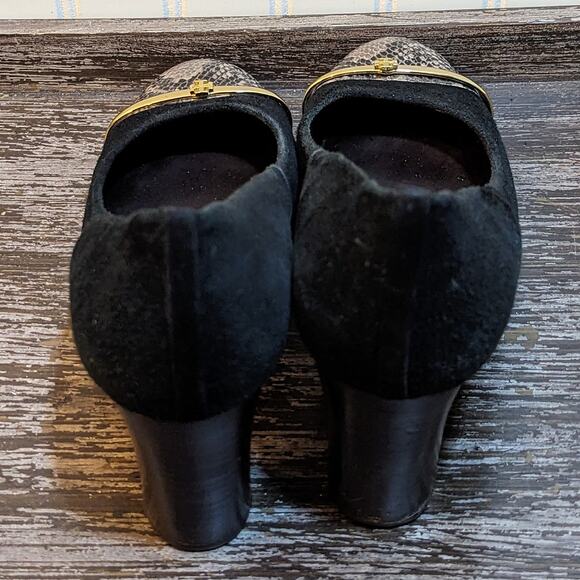 Tory Burch Black Suede Snakeskin Cap Pacey Block Heels Size 10.5 - Picture 3 of 5